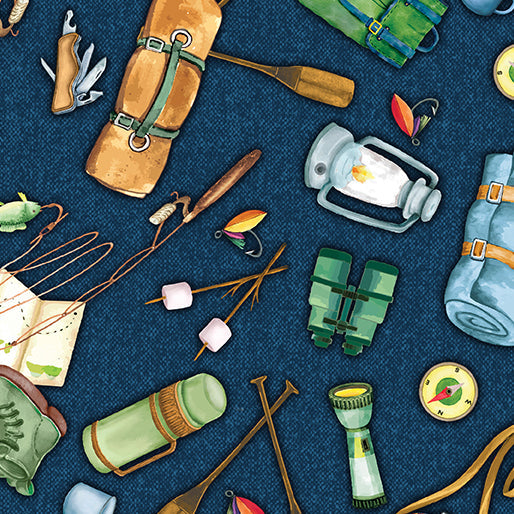 Live, Love, Camp Camping Motifs Navy Fat Quarter (Benartex)