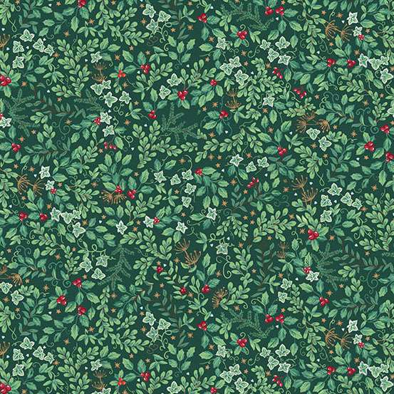 Christmas-themed pattern with holly leaves and berries on a green background