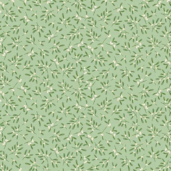 Pattern of green leaves and white flowers on a light green background