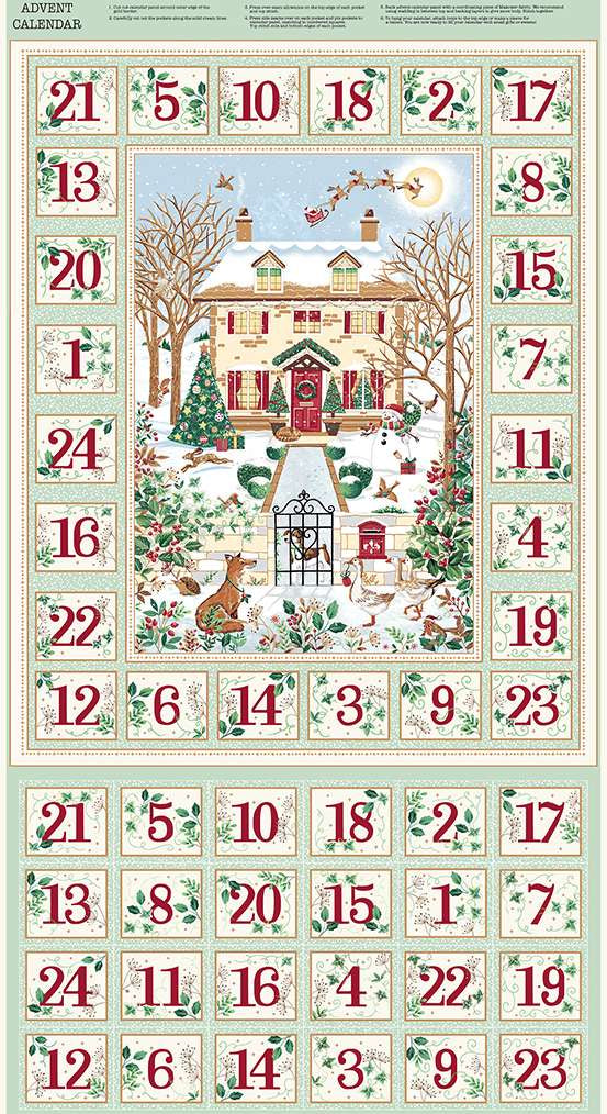 Advent calendar fabric panel with a festive winter scene and numbered days.