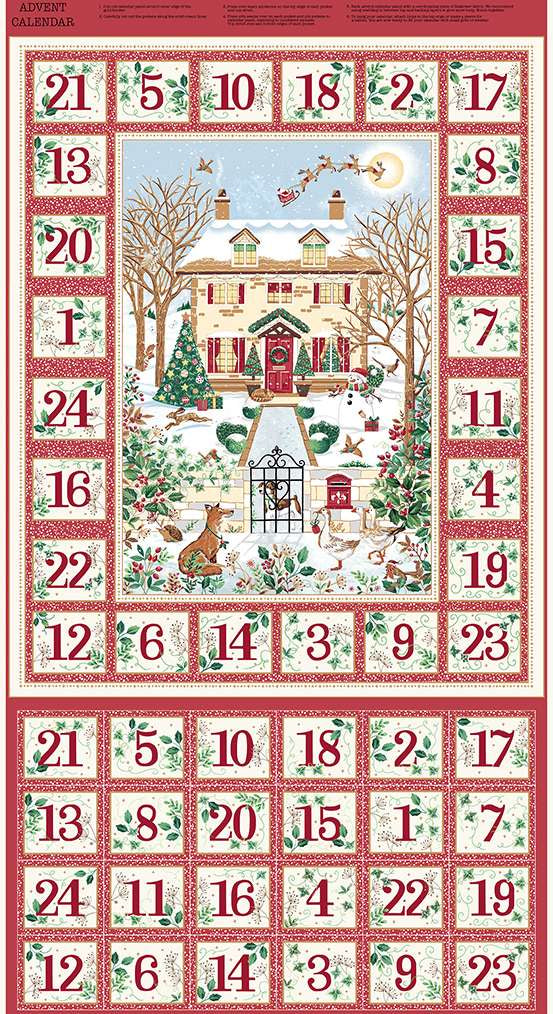 Advent calendar fabric panel with a festive house and winter scene design.