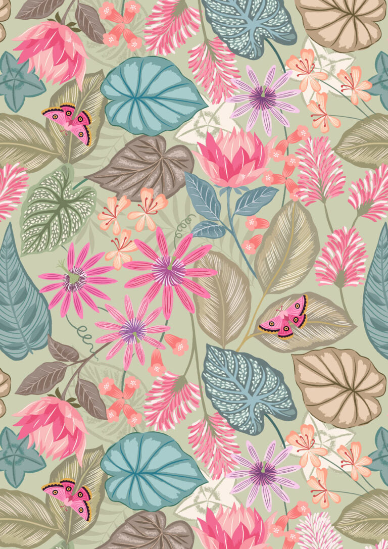 Floral and leaf pattern with pink flowers and green leaves on a light background