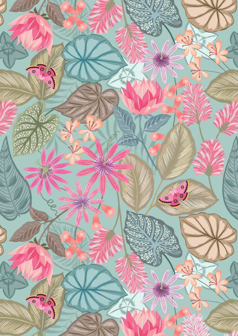 Floral and leaf pattern with pink flowers and butterflies on a teal background