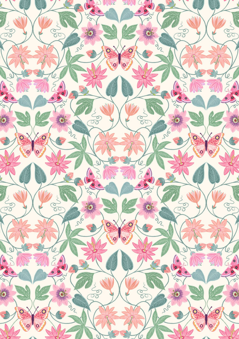 Pattern of pink flowers and butterflies on a white background