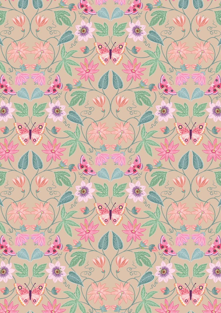 Pattern of butterflies and flowers on a beige background