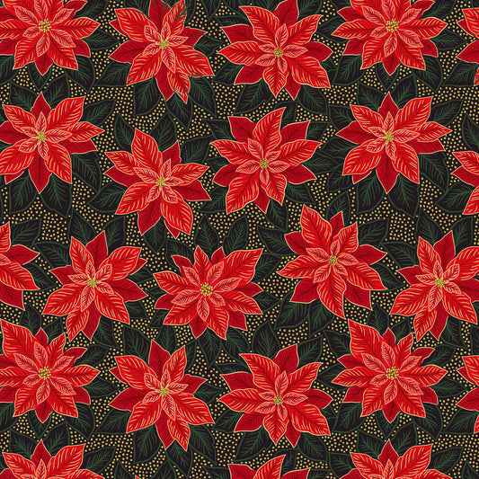 Yuletide Poinsettia Black Metallic Gold Fat Quarter (Lewis & Irene)