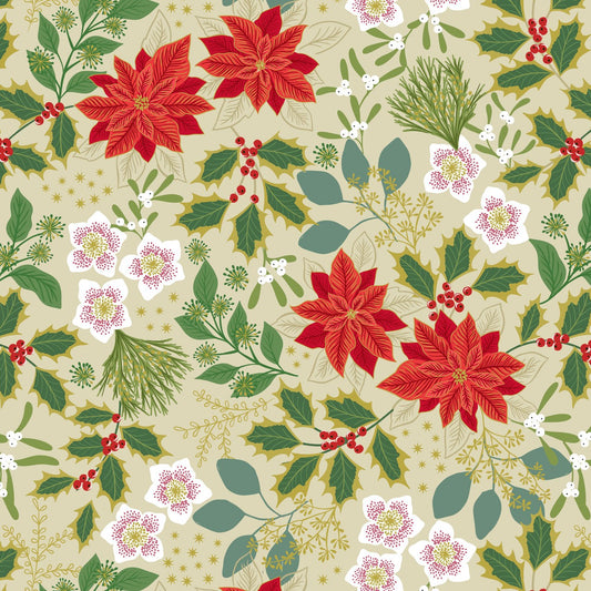 Yuletide Festive Floral Cream Metallic Gold Fat Quarter (Lewis & Irene)