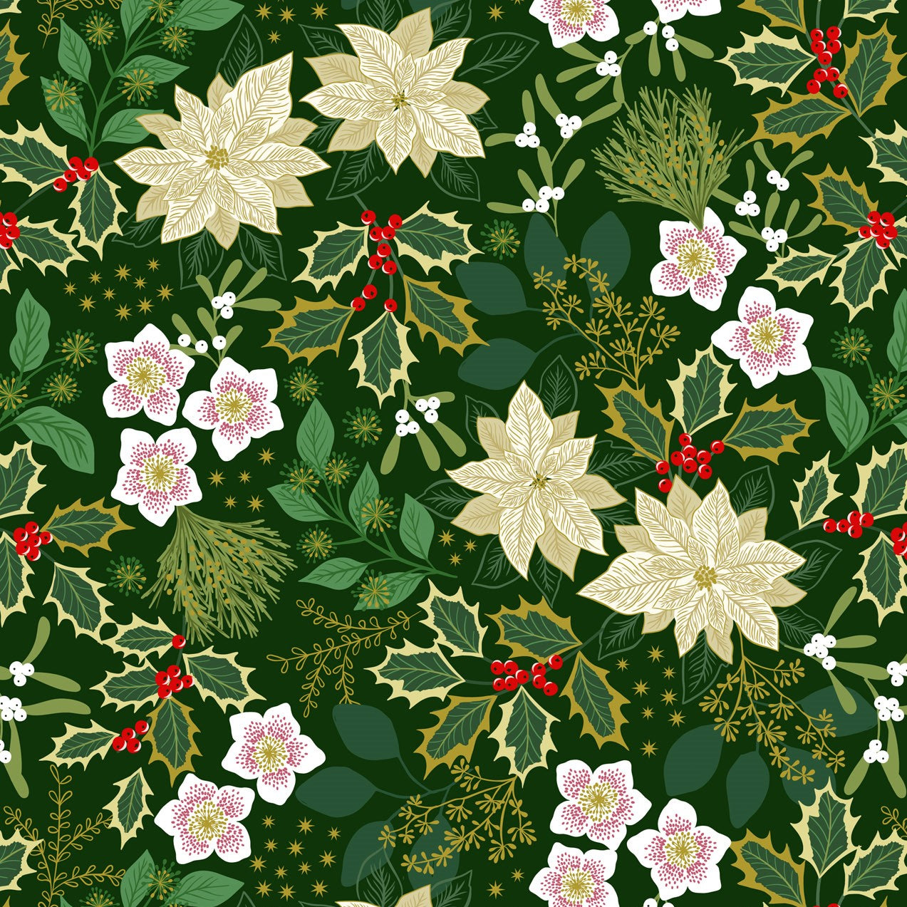 Yuletide Festive Floral Green Metallic Gold Fat Quarter (Lewis & Irene)