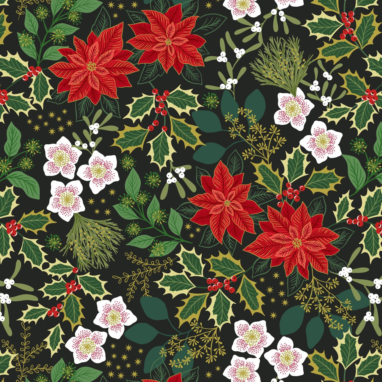 Yuletide (Lewis & Irene) - Festive Floral Black with Metallic Gold