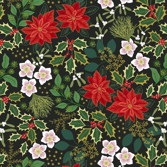 Yuletide Festive Floral Black Metallic Gold Fat Quarter (Lewis & Irene)