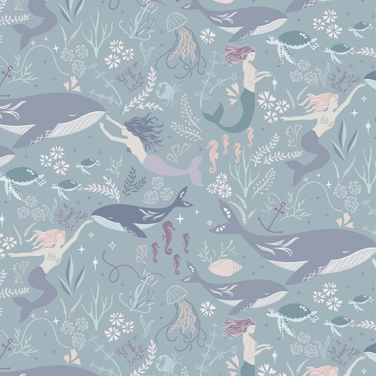 Sound of the Sea Sirens Spell Dusky Turquoise Fat Quarter (Lewis & Irene)