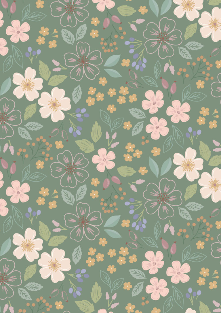 Floral pattern with pink, white, and yellow flowers on a green background