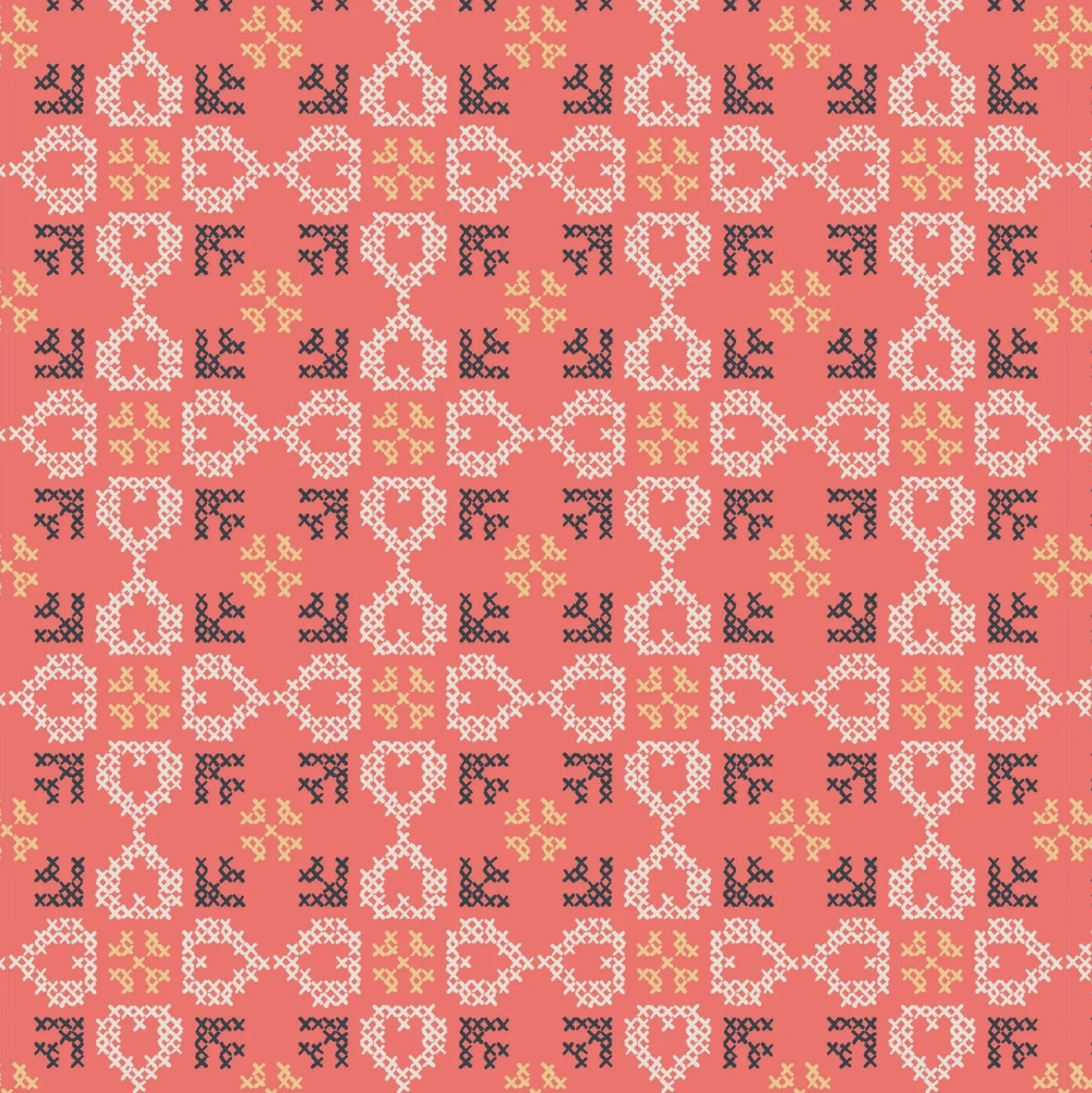 Folk Floral Cross Stitch Hearts Coral Fat Quarter (Lewis & Irene)