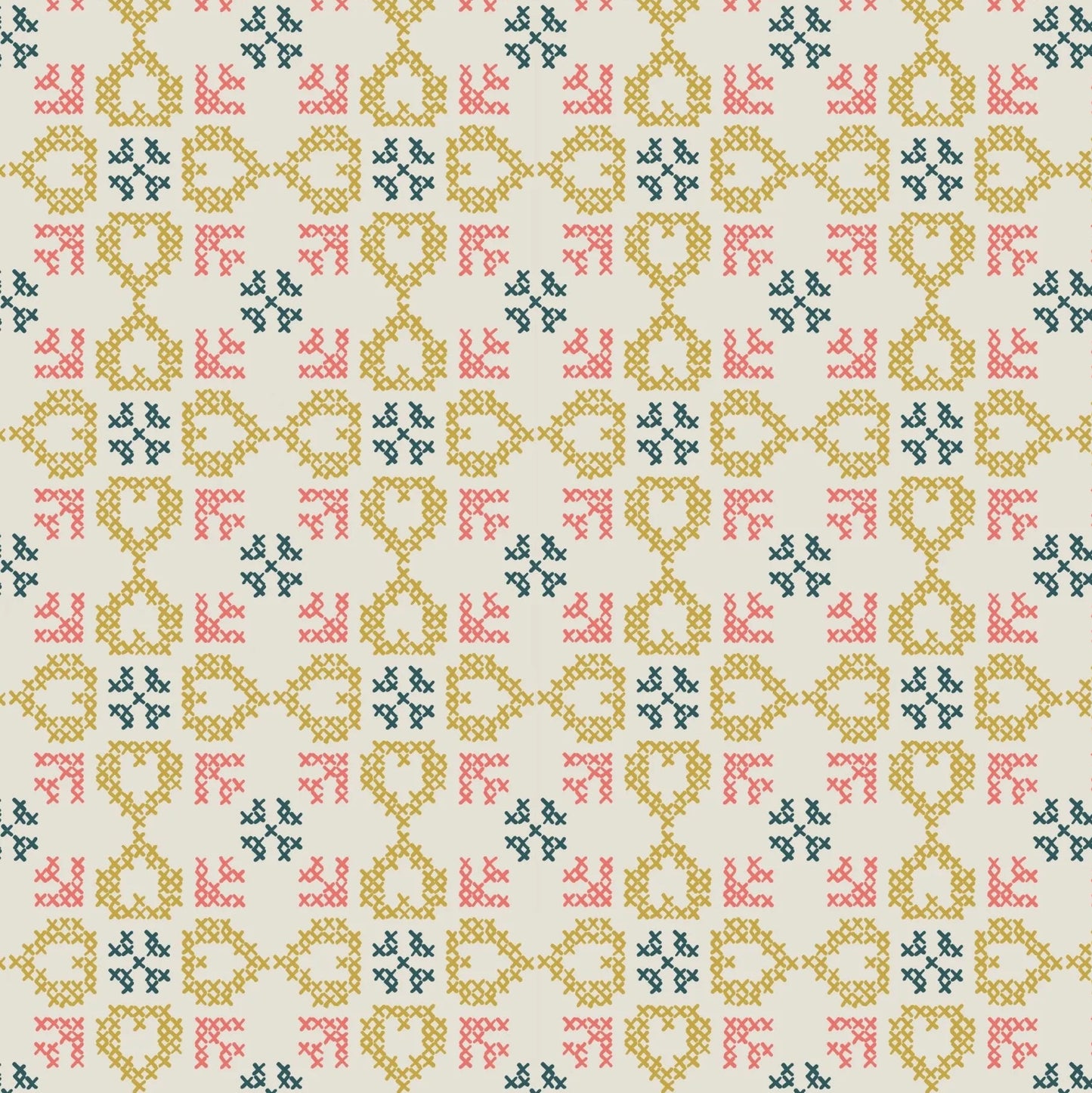 Folk Floral Cross Stitch Hearts Cream Fat Quarter (Lewis & Irene)