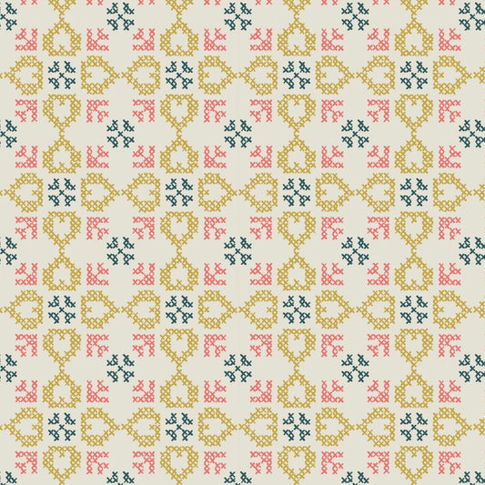 Folk Floral Cross Stitch Hearts Cream Fat Quarter (Lewis & Irene)