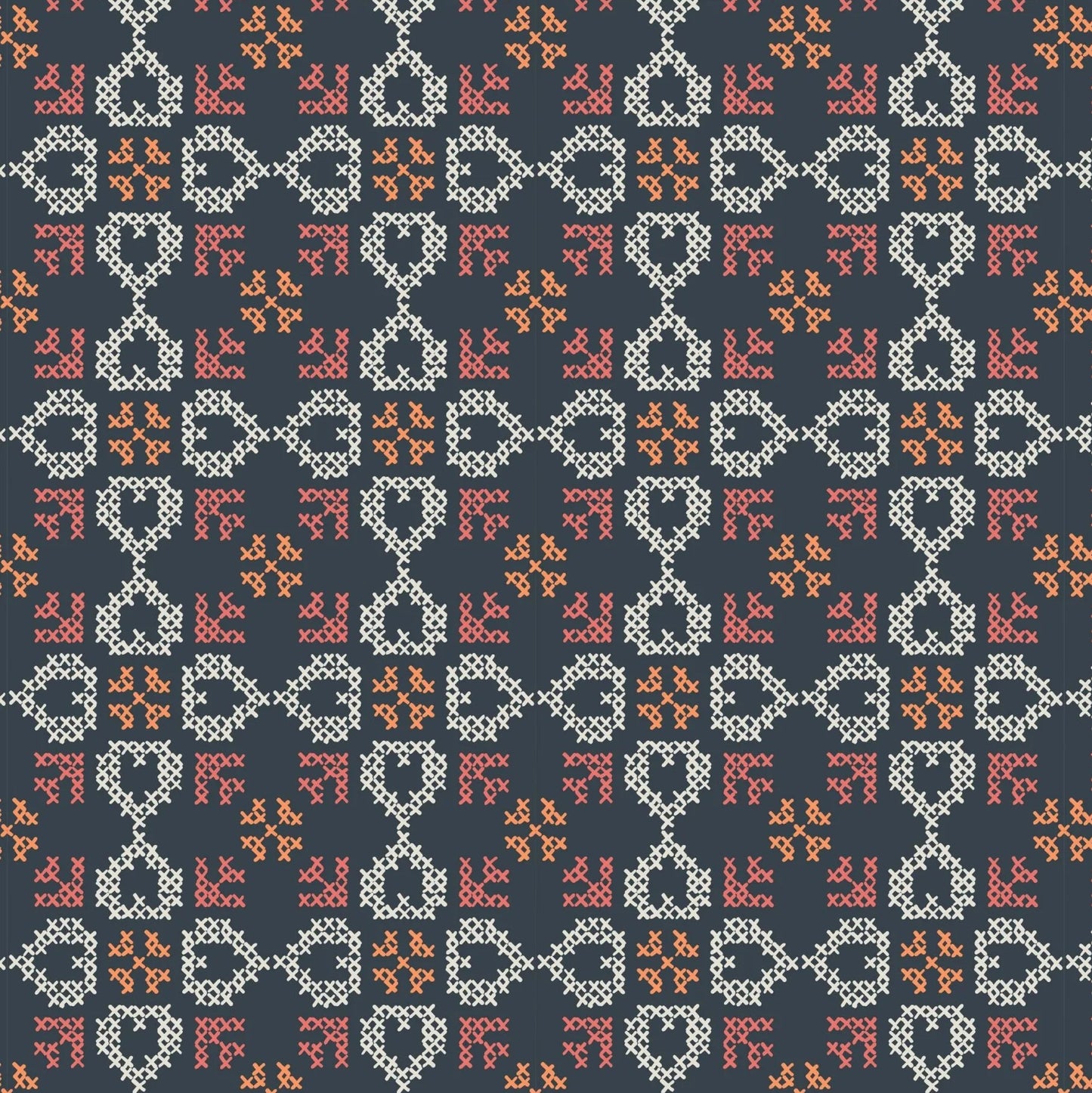 Folk Floral Cross Stitch Hearts Navy Fat Quarter (Lewis & Irene)