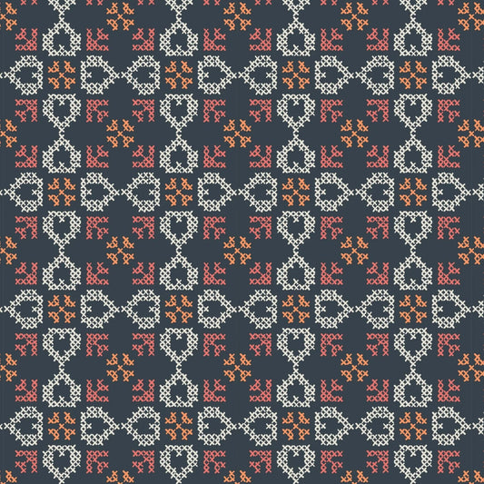 Folk Floral Cross Stitch Hearts Navy Fat Quarter (Lewis & Irene)