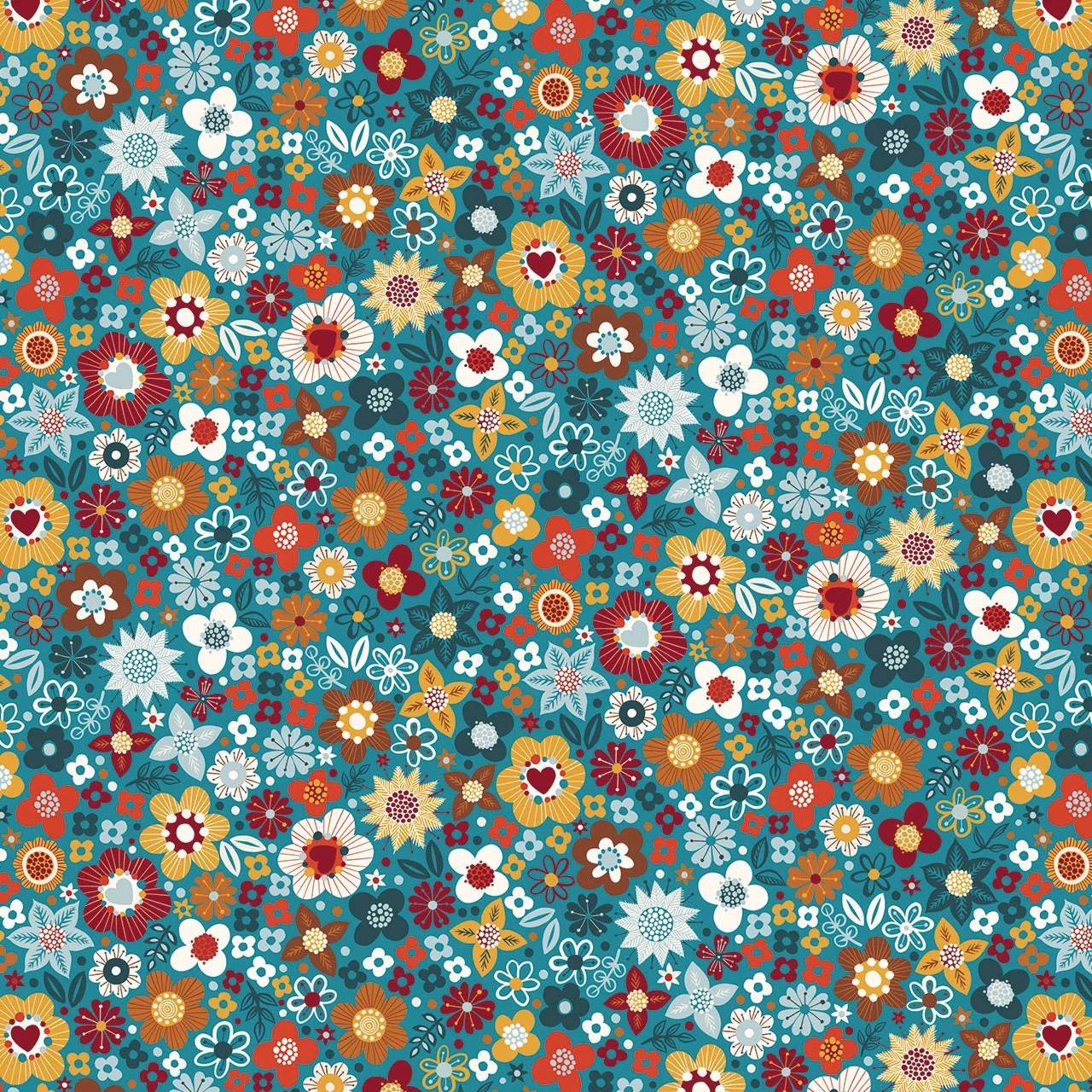A dense, repeating floral pattern featuring a variety of stylized flowers in orange, red, yellow, white, and teal on a teal background.