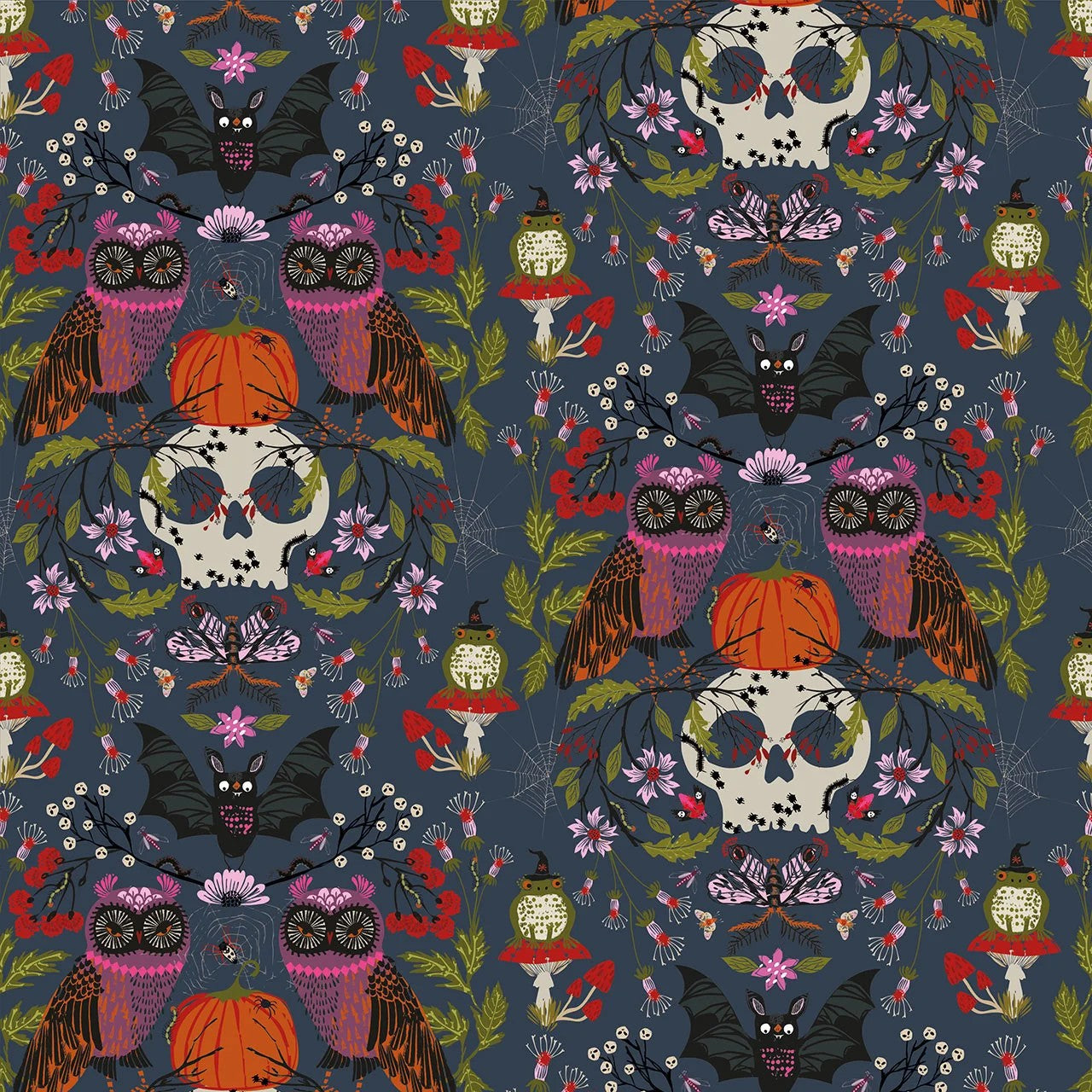 Colorful Halloween-themed pattern with owls, bats, and skulls on a dark blue background.