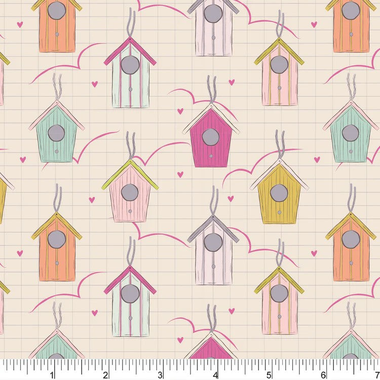 Pattern of colorful birdhouses on a beige background with a ruler at the bottom.