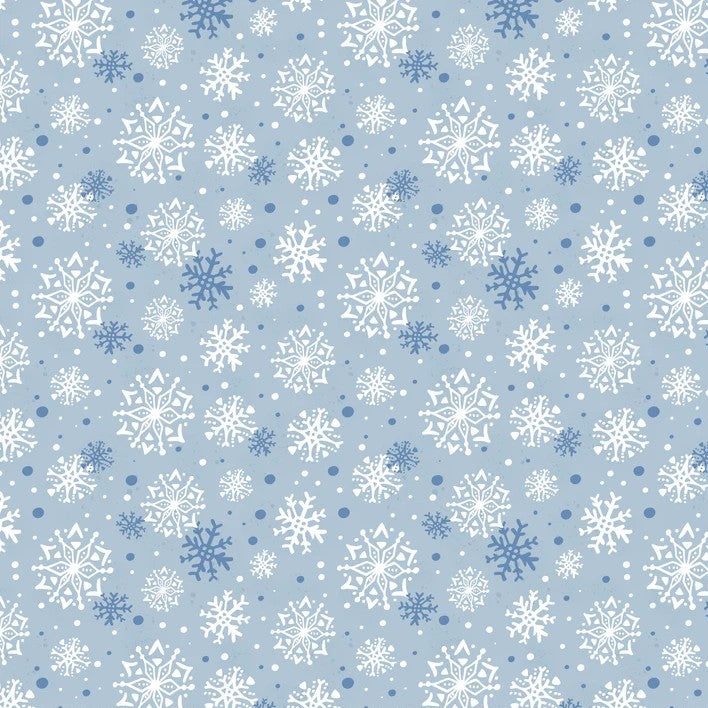 A repeating winter pattern featuring white and light blue snowflakes, dots, and small snowflake shapes on a pale blue background.
