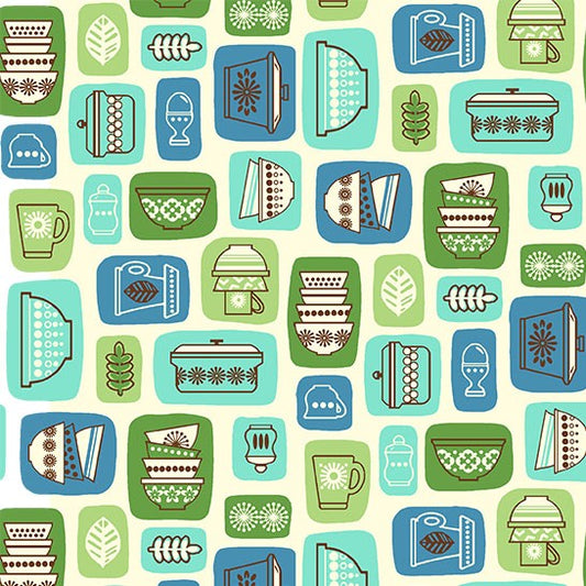 Retro Kitchen Flea Market Finds Blue Fat Quarter (Michael Miller Fabrics)
