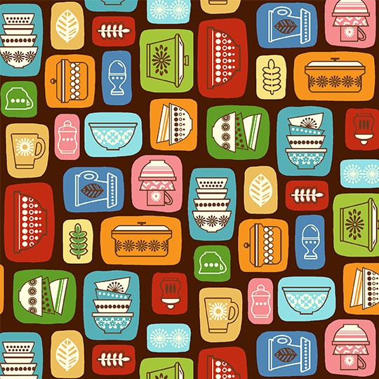 Retro Kitchen Flea Market Finds Brown Fat Quarter (Michael Miller Fabrics)