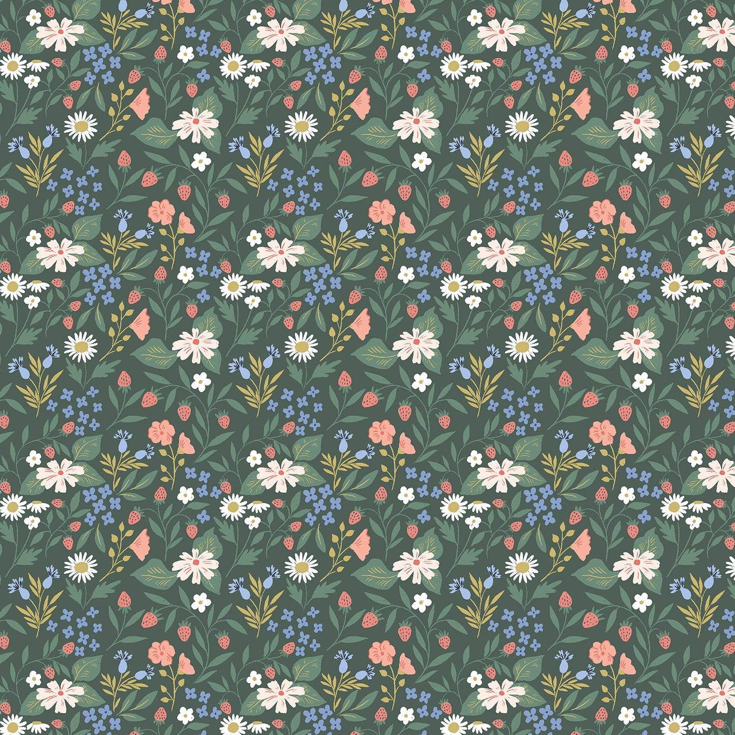 A repeating floral pattern on a dark green background, featuring white daisies, pink and white flowers, small blue blossoms, and green leaves.