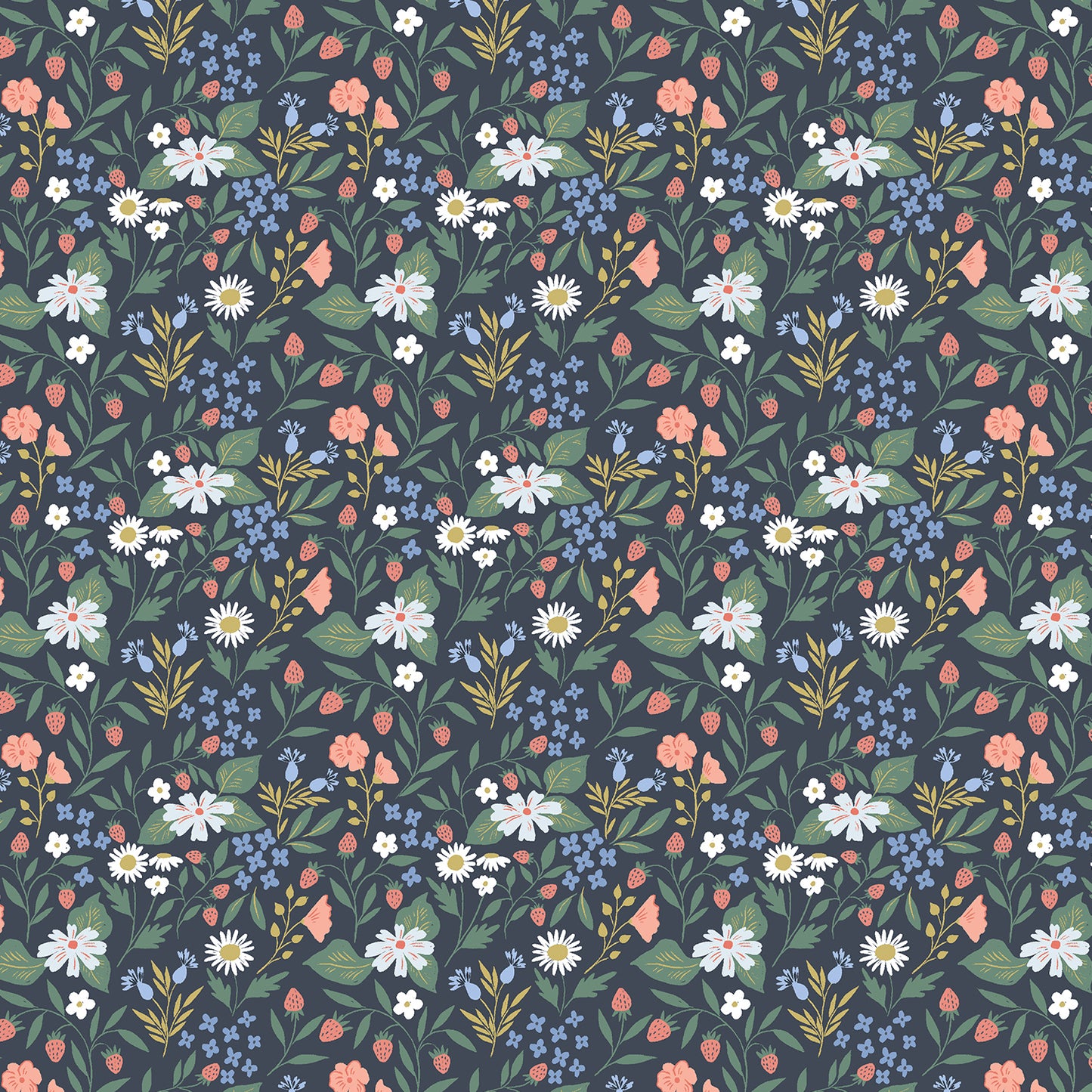 A seamless botanical pattern featuring white daisies, pink wildflowers, blue blossoms, and green leaves on a dark slate gray background.