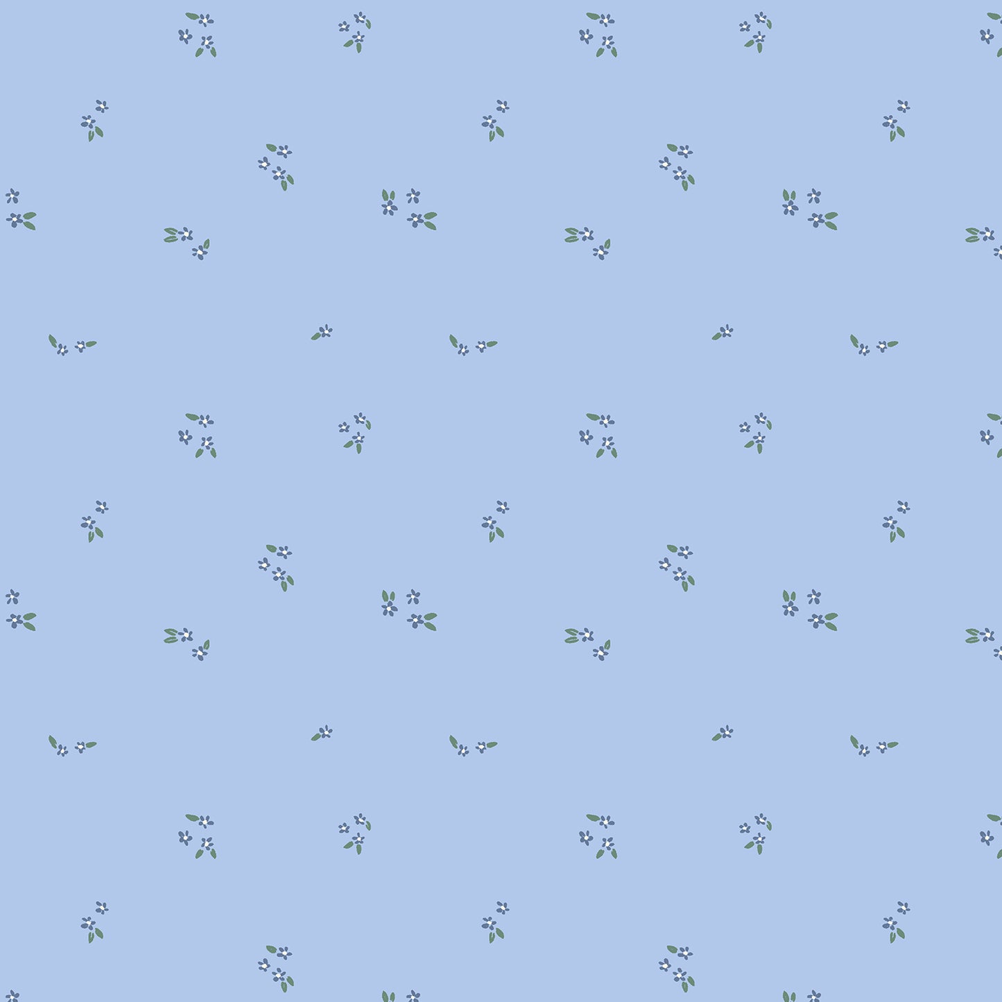 A repeating pattern of tiny white flowers with small green leaves on a light blue background.