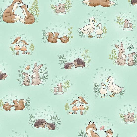 Pattern of forest animals on a light blue background