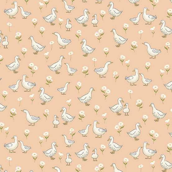 Pattern of white ducks and small flowers on a peach background