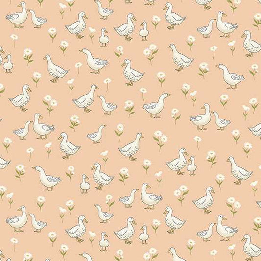 Pattern of white ducks and small flowers on a peach background