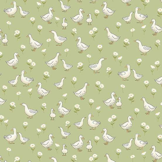 Pattern of ducks and flowers on a green background
