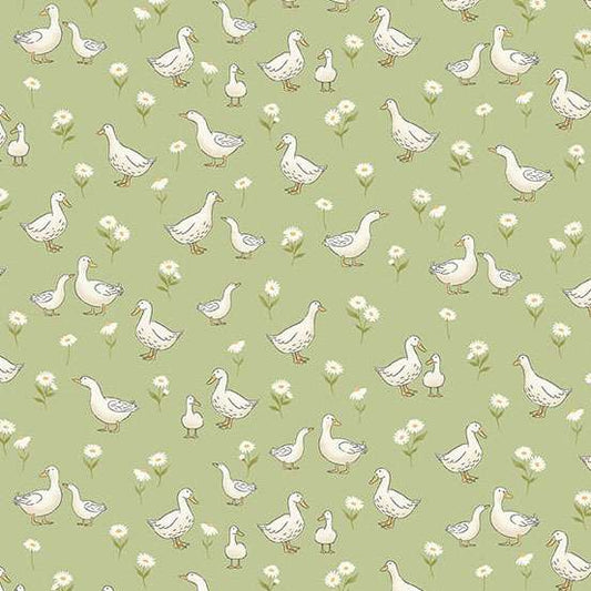 Pattern of ducks and flowers on a green background