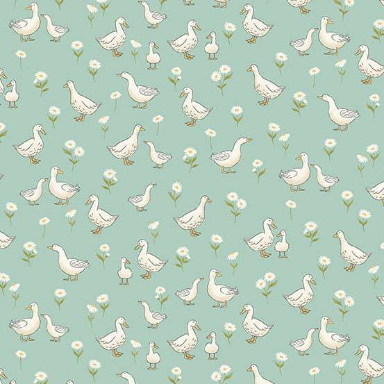 Pattern of ducks and flowers on a light blue background