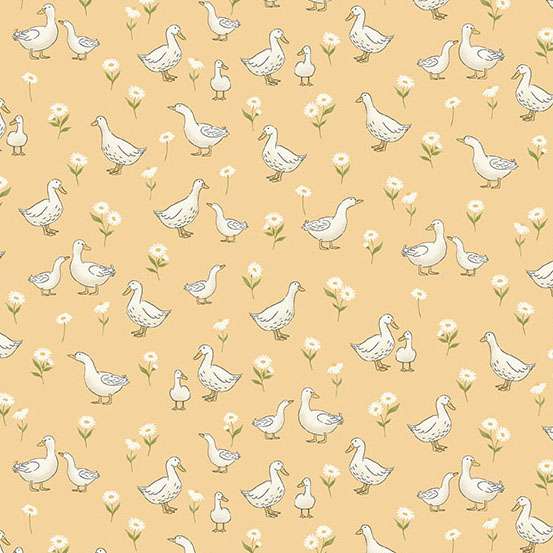 Pattern of ducks and flowers on a beige background