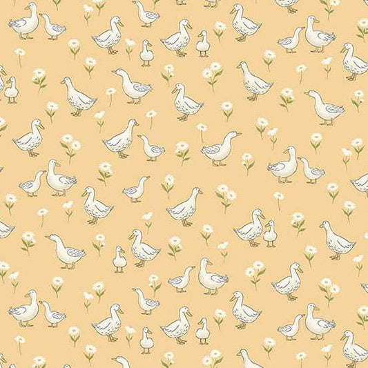 Pattern of ducks and flowers on a beige background