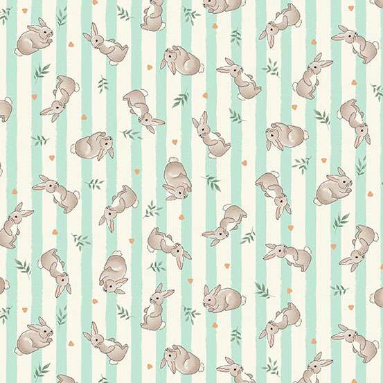 Pattern of bunnies on a striped background with green and white stripes.
