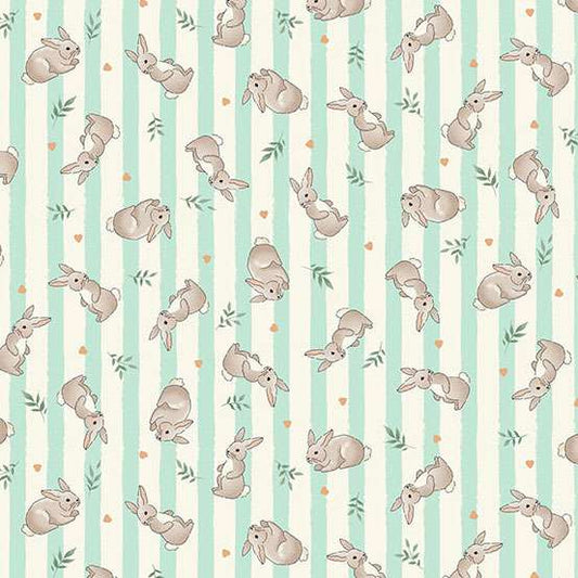 Pattern of bunnies on a striped background with green and white stripes.