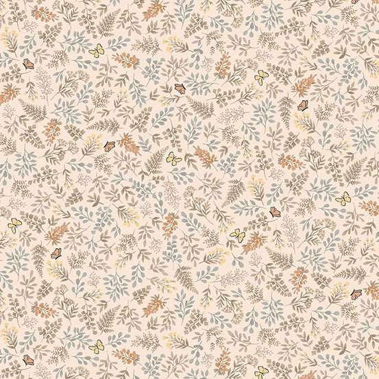Pattern of small flowers and leaves on a beige background