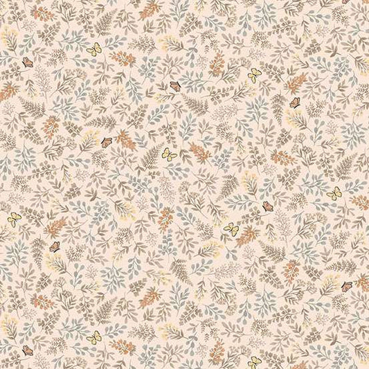 Pattern of small flowers and leaves on a beige background