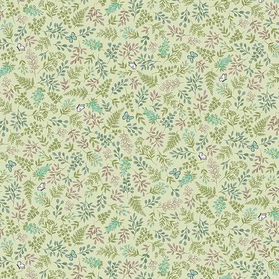 Pattern of small green leaves and flowers on a light green background
