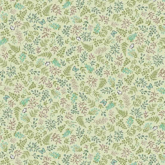 Pattern of small green leaves and flowers on a light green background