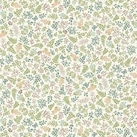 Pattern of small leaves and flowers on a white background