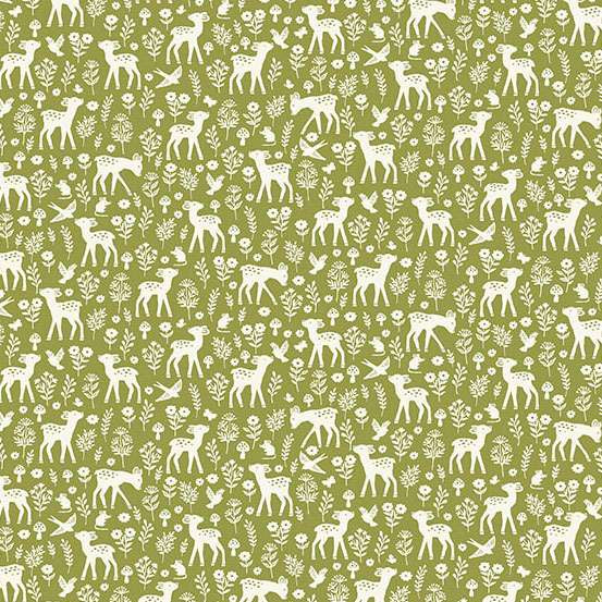 Pattern of white deer and birds on a green background
