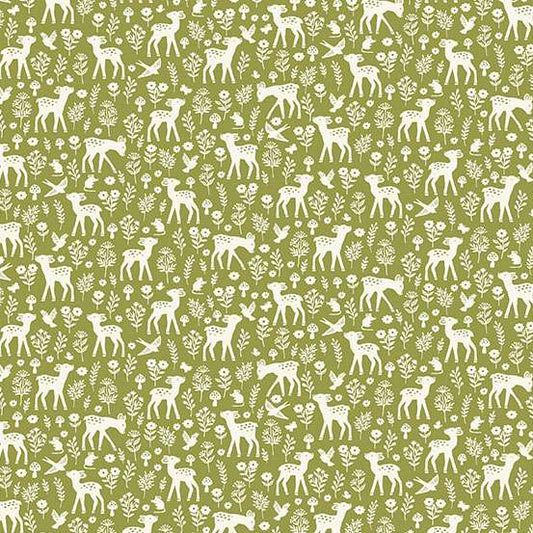 Pattern of white deer and birds on a green background
