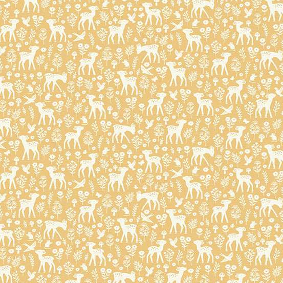Pattern of white deer and floral silhouettes on a yellow background