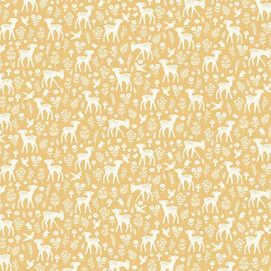 Pattern of white deer and floral silhouettes on a yellow background