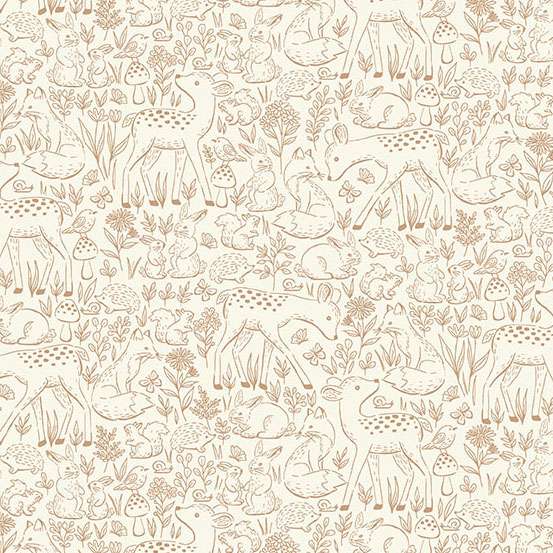 Pattern of forest animals and plants on a beige background